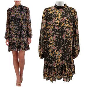 BCBG Paris Black Floral Babydoll Mini Dress Dark Feminine Cottagecore Size S